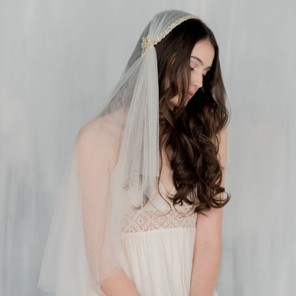 waltz length soft tulle juliet veil with gold beaded lace. Double layer with blusher. Handmade in toronto canada by blair nadeau